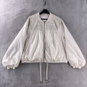 Anthropologie Smocked Bomber Jacket Womens Size XL Ivory Long Sleeve Boho